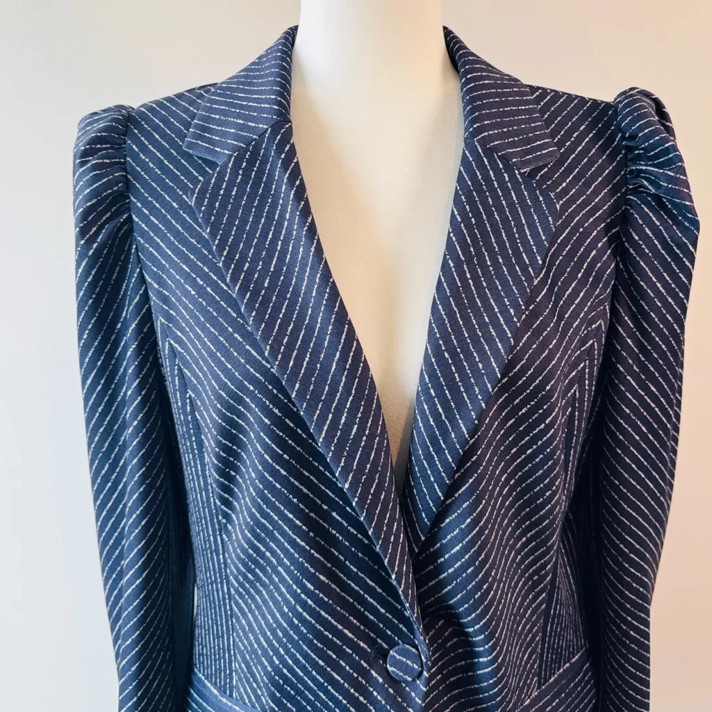 Womens Ryegrass Blue Stripe Puff Sleeve One Button Jacket Size 12 - Image 3