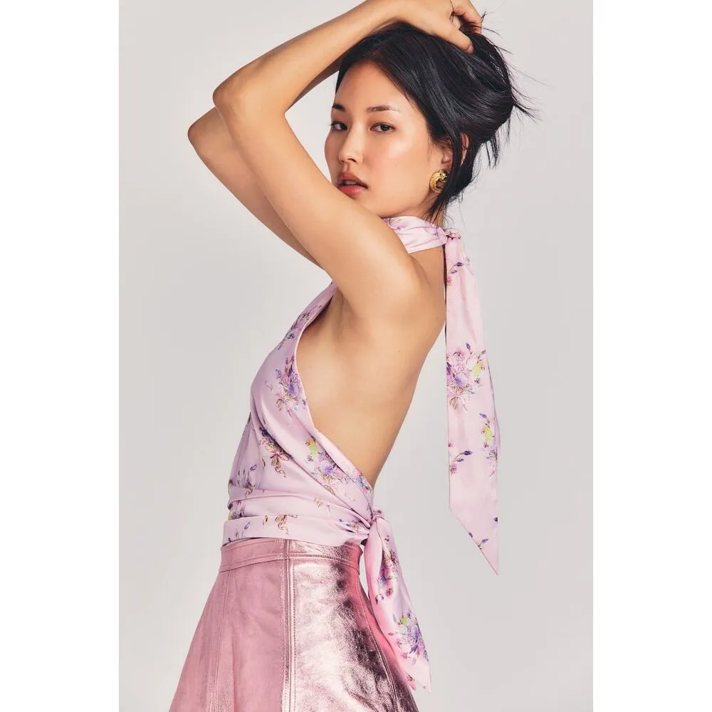 Loveshackfancy BOCA HANDKERCHIEF TOP pink floral satin silk - Image 3