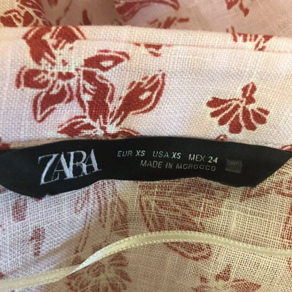 Zara Red Roses Floral Linen Shirt Light Pink XS - Image 9