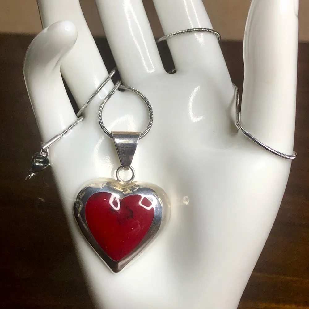 TAXCO Sterling Silver Red Jasper Heart Cabochon Pendant Necklace - Image 3