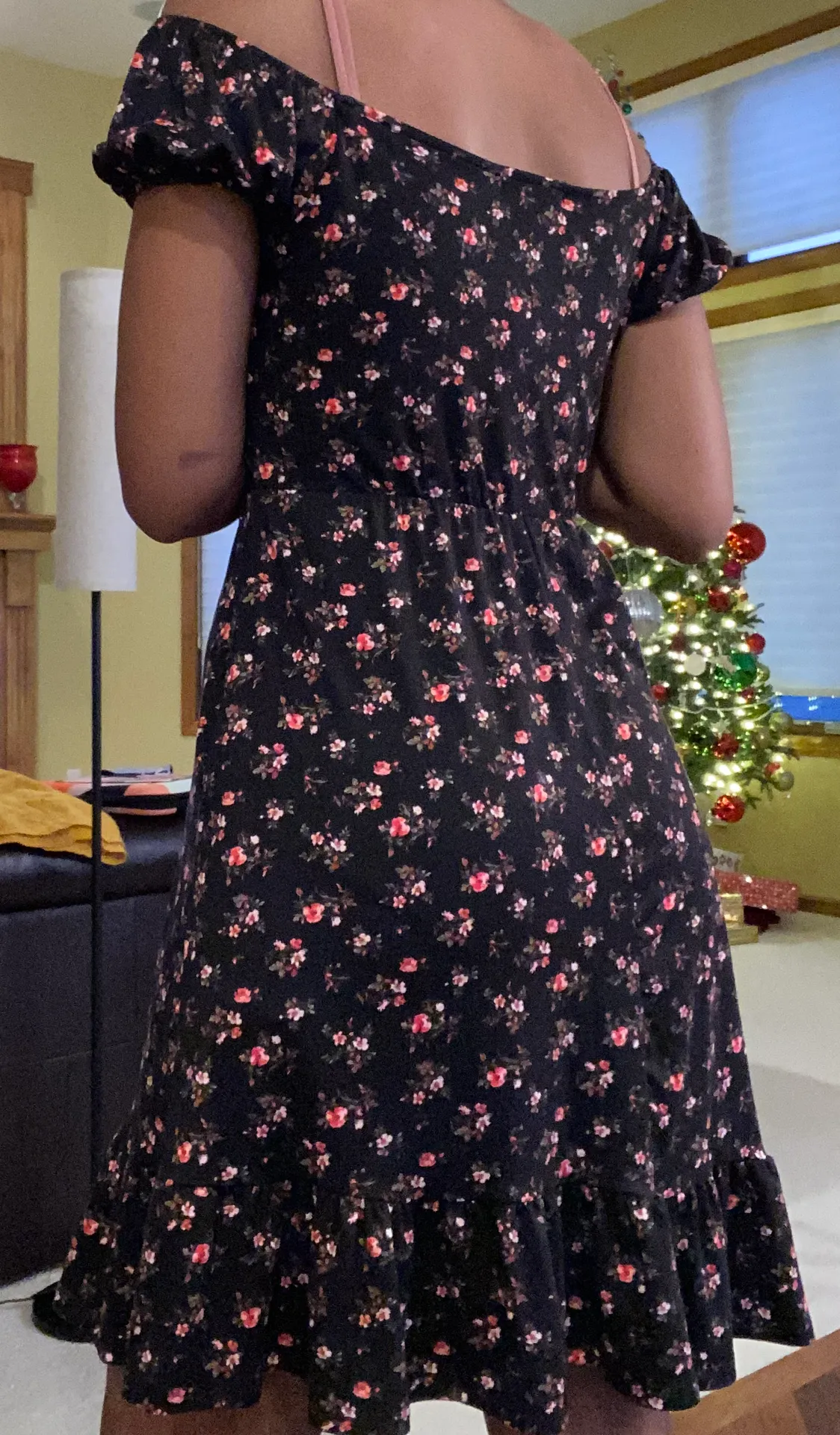 Off The Shoulder Black Floral Dress - Image 2