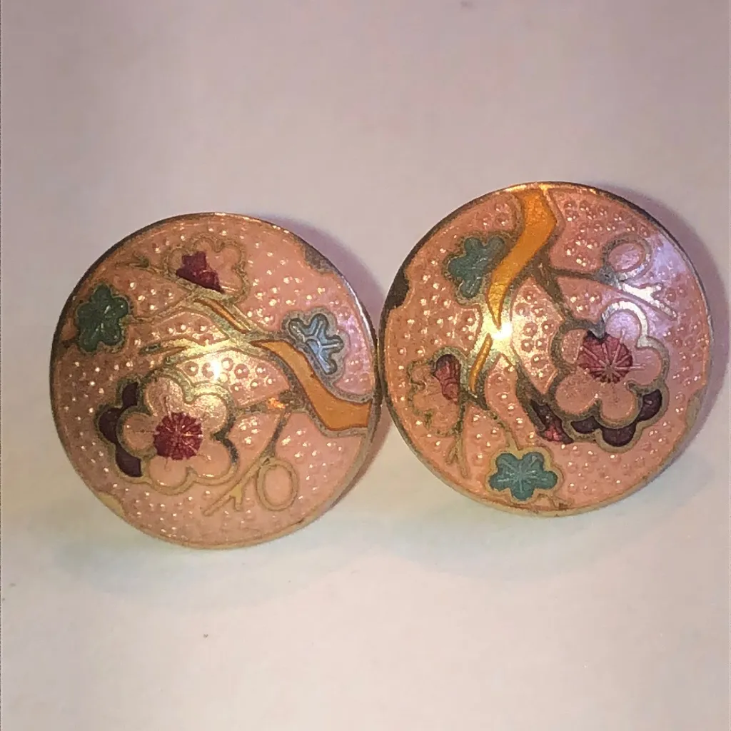 Floral Enamel Cloisonné Vintage Button Earrings Pink - Image 2