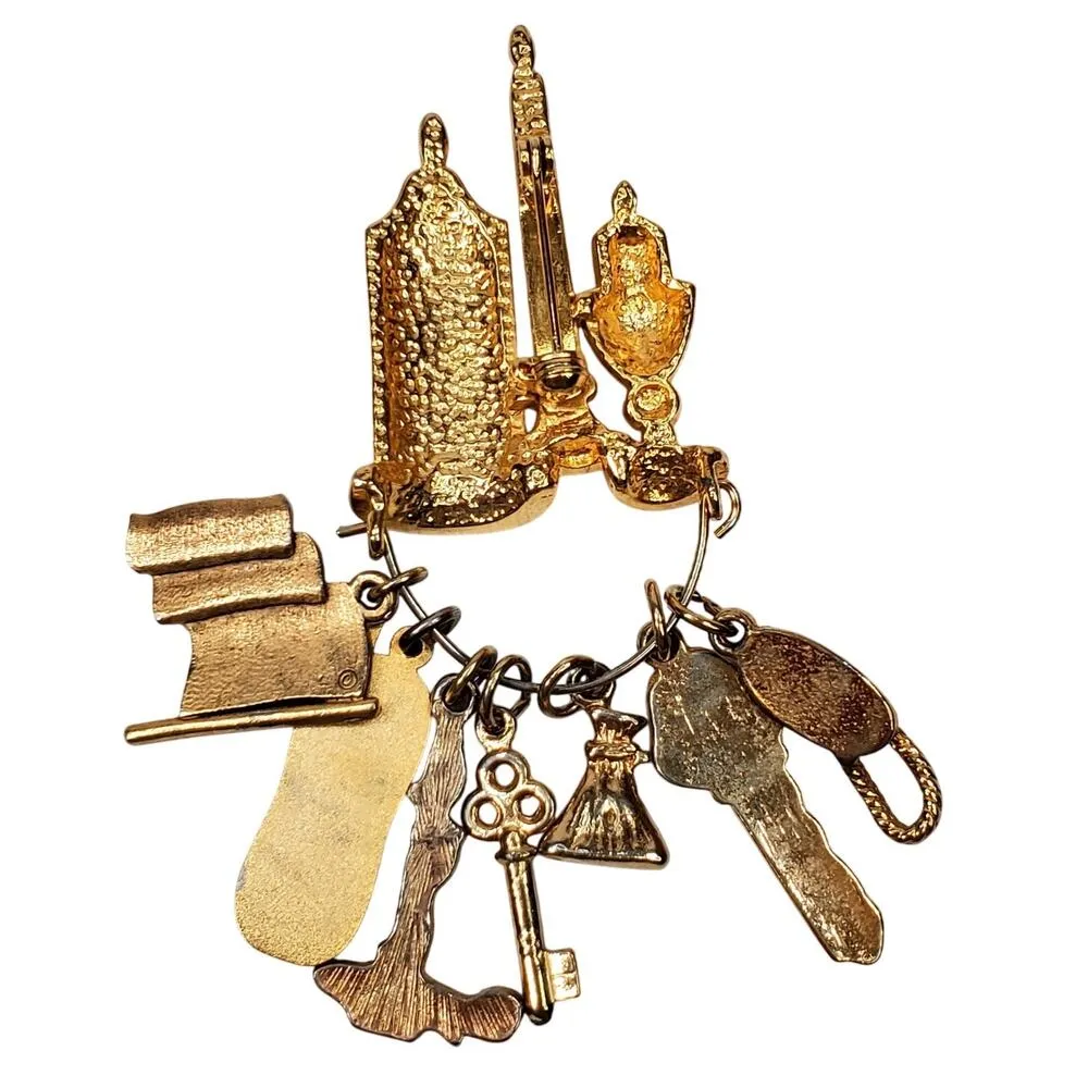 Vtg 3 Candle Dangle Charms Pin Phone American Flag Key Chain 3" Patriotic Retro Gold - Image 3