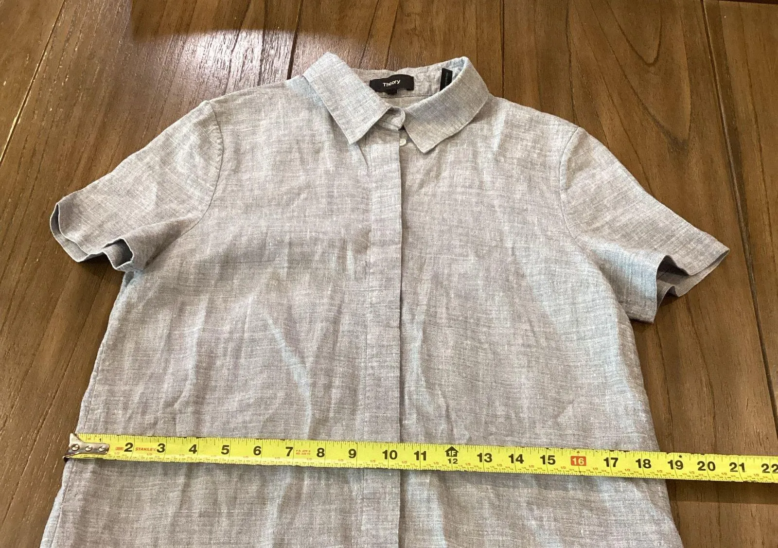 Theory Buttondown Dr Eco Sharkskin Shortsleeve mini classic preppy linen Dress M - Image 3