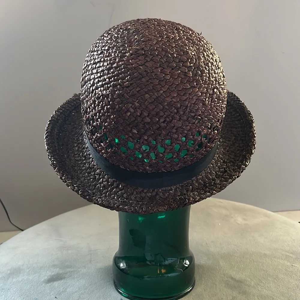 Vintage straw Cloche hat with Feather pin Brown - Image 4