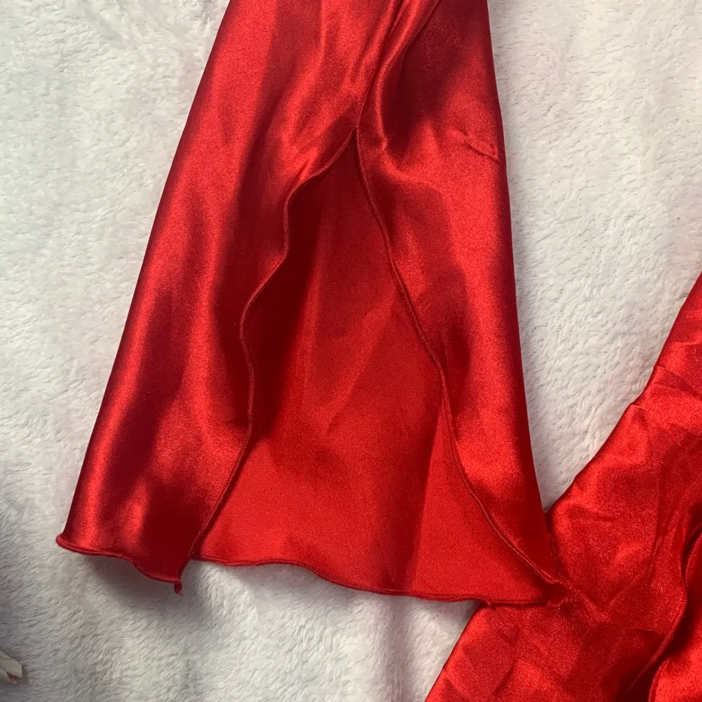 Fredericks of Hollywood size medium red satin mini dress slip ruffle long bell s - Image 6