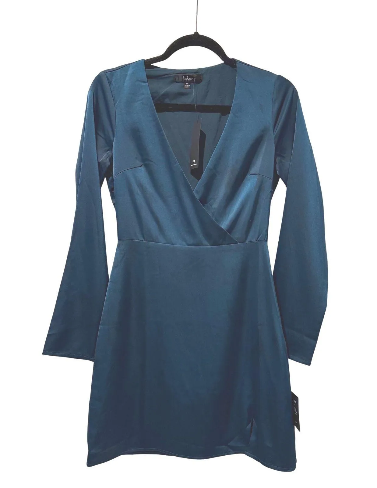 Lulus Inspired Confidence Dark Teal Satin Long Sleeve Mini Dress Front XS Green - Image 2