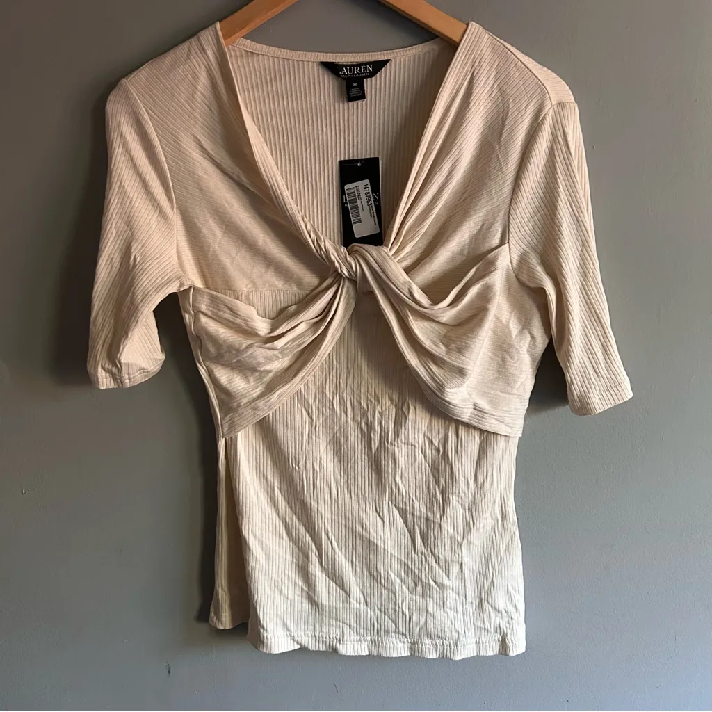 NWT Lauren Ralph Lauren Front Twist Ribbed Knit T-Shirt | Size: M | Cream - Image 5