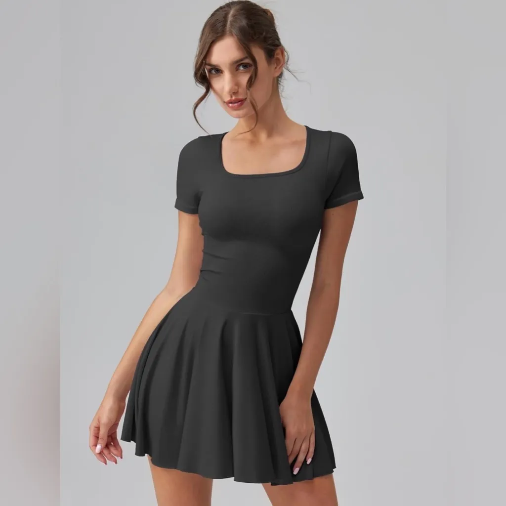 NEW Black Square Neck Ruffle Hem Short Sleeve w/ Shorts Mini Dress L Size L - Image 5