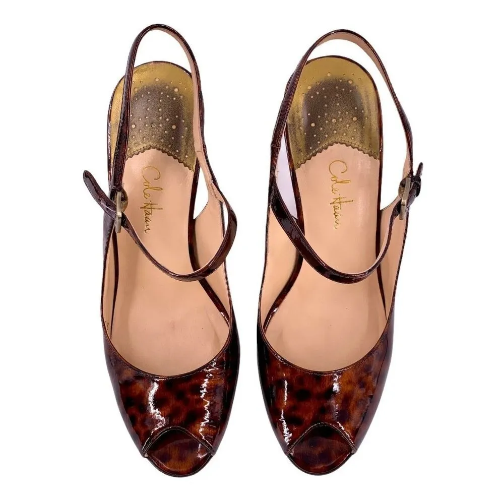 Cole Haan Brown Black Leopard Patent Leather Peep Toe Pumps Size 8 AA - Image 8