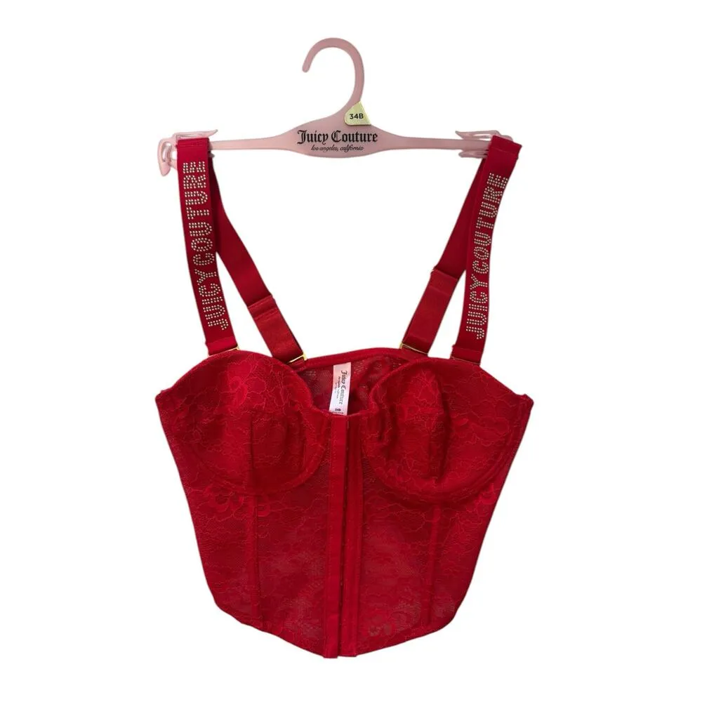 Juicy Couture Red Lace Corset Top 34B Rhinestone Logo Straps Y2K Bustier NEW - Image 2
