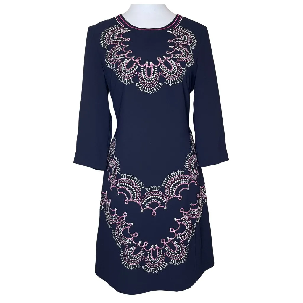 Navy Blue Paisley Embroidered Shift Dress Career Officesiren Sz 10 Work - Image 2