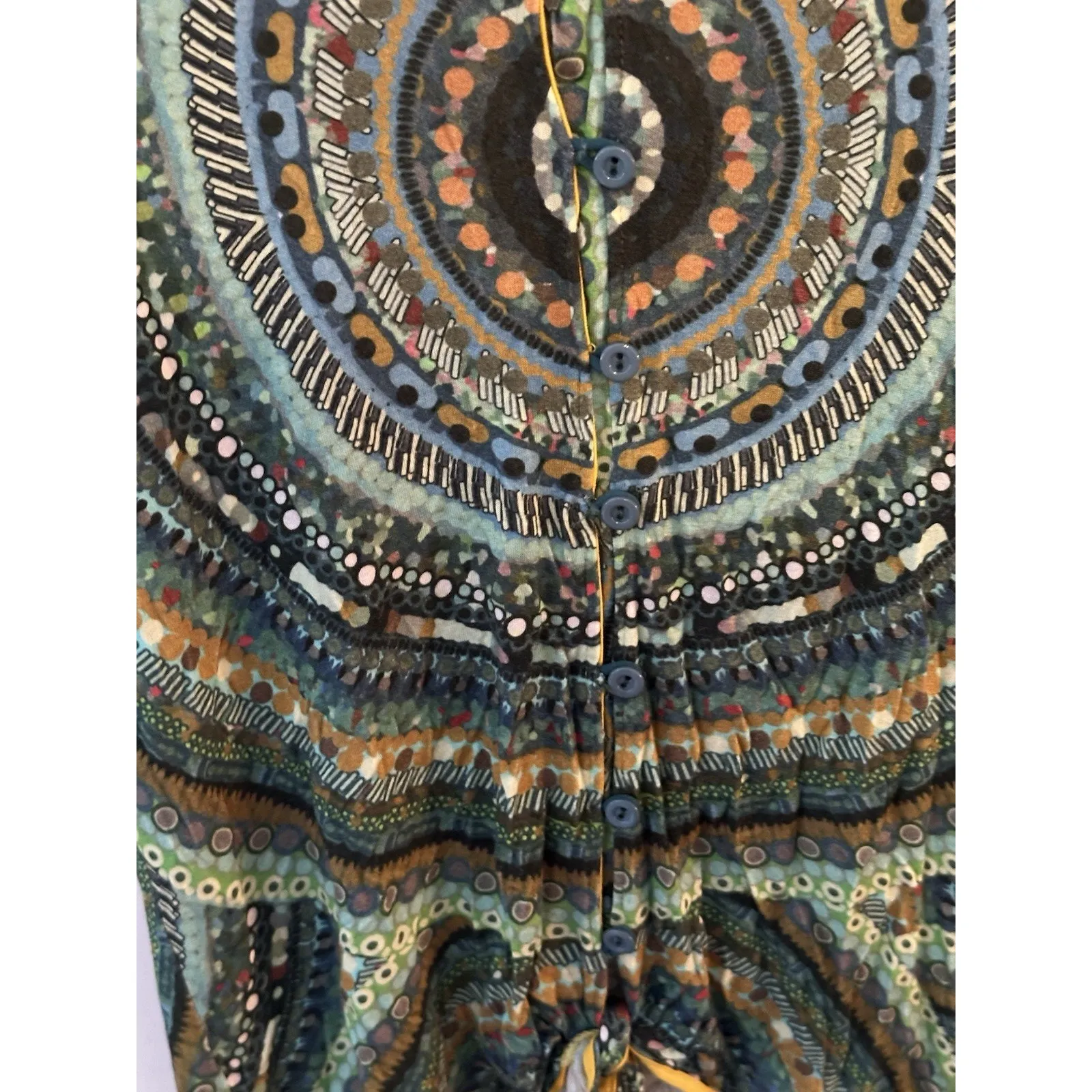 DESIGUAL Arty Faces Shirt Button/Tie Front V-neck Size Medium Yellow Boho Artsy - Image 5