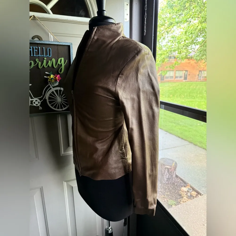 Vintage Y2K Brandon Thomas bronze leather zipper moto jacket, size small Brown - Image 7