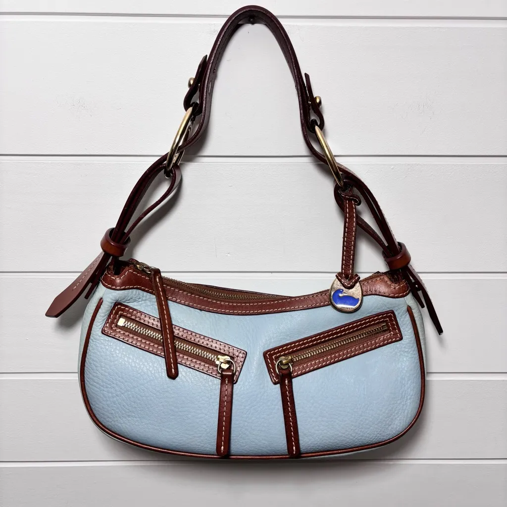 Dooney&Bourke Vintage Light Glacier Blue and Brown‎ Leather Shoulder Bag - Image 6
