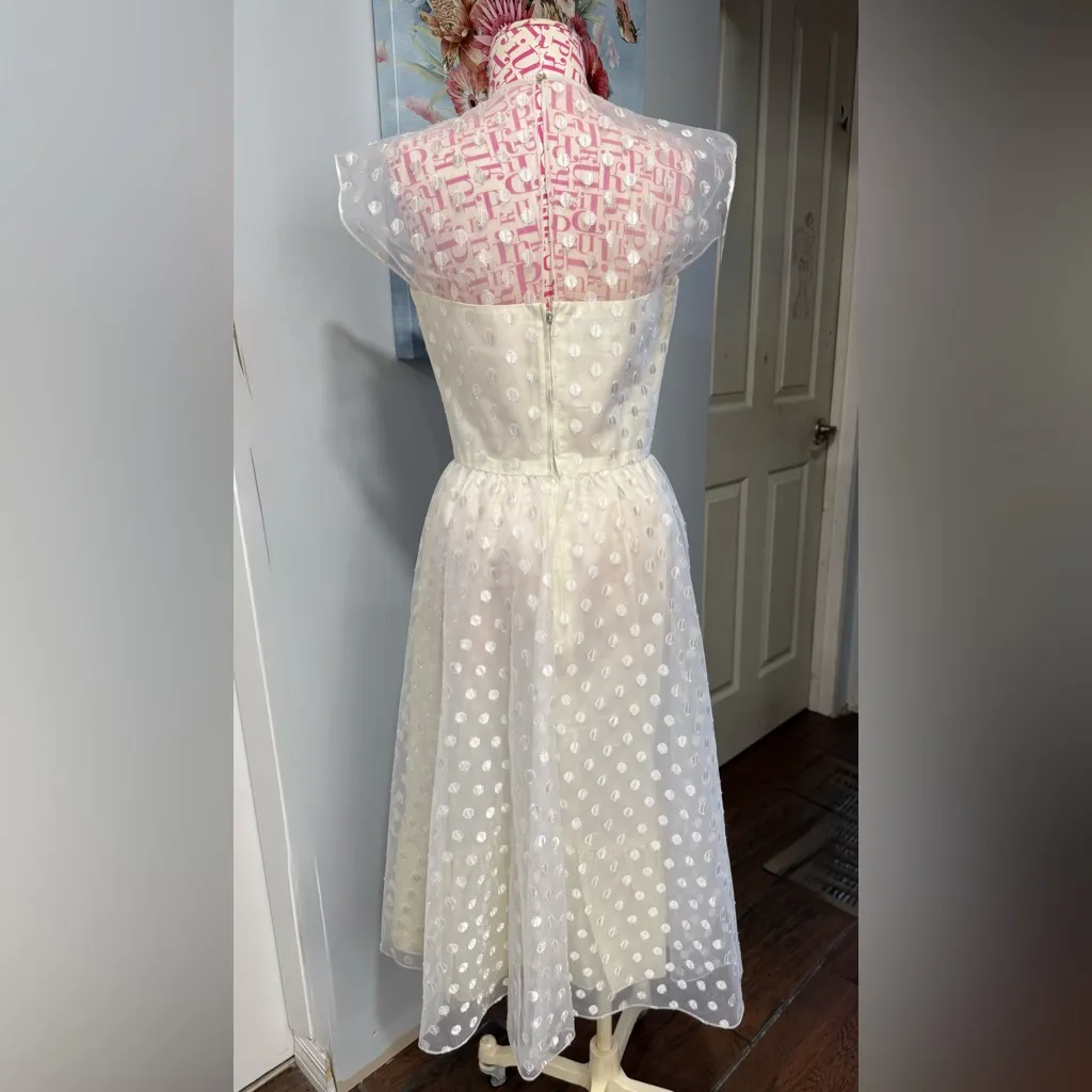 1950s Warren Petites Ivory Polka‎ Dot Tulle Illusion Dress Tea Length Size 6 White - Image 5
