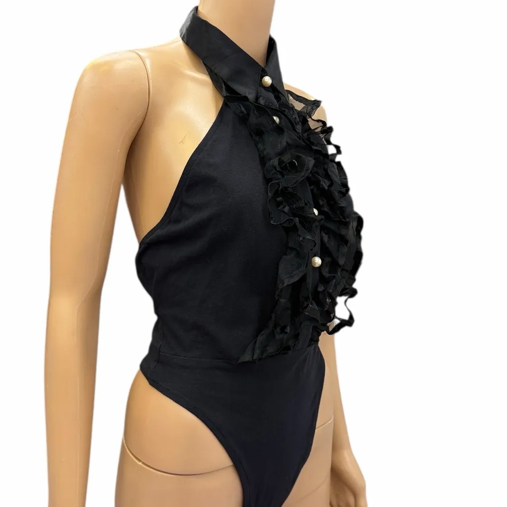 Vanity Black Ruffle Halter Sleeveless Collared Bodysuit Womens Large Size undefined - Image 5