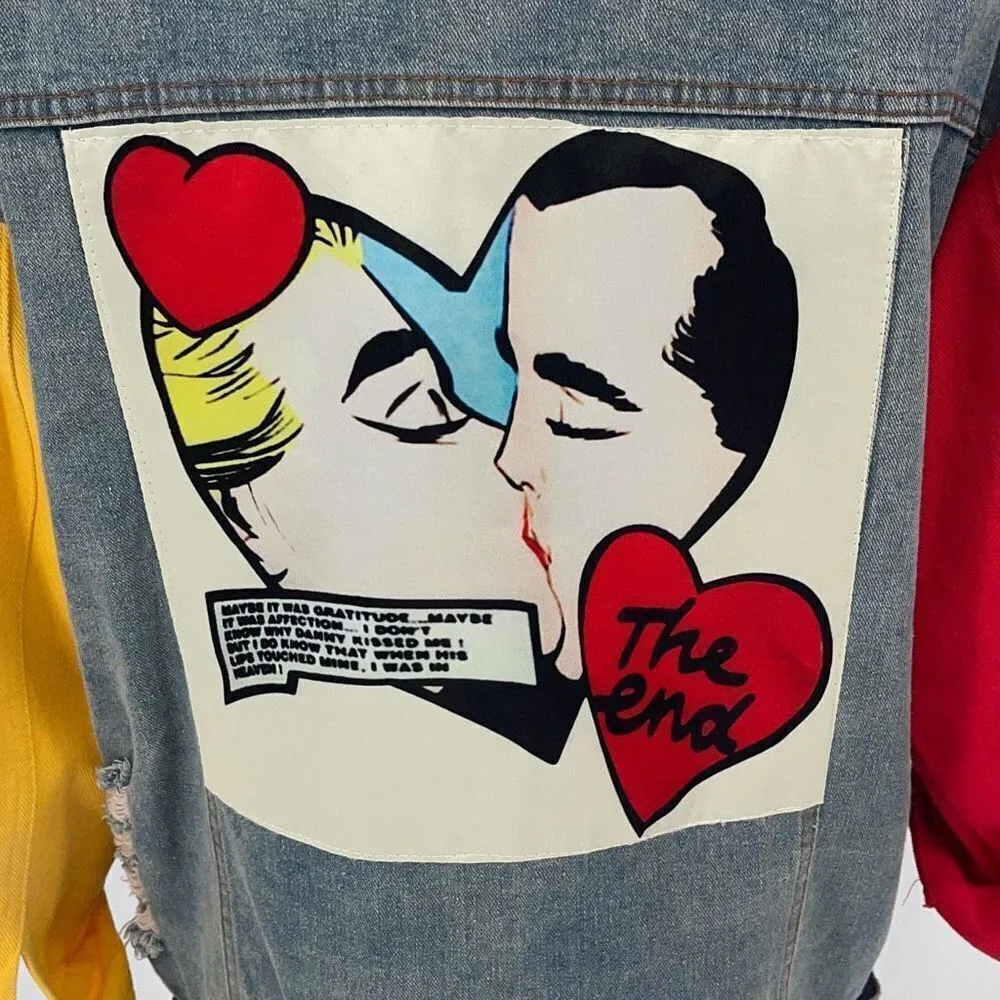 HOME Trendy Denim‎ Distressed Jacket Colorblock Sleeves Size Large Blue - Image 4