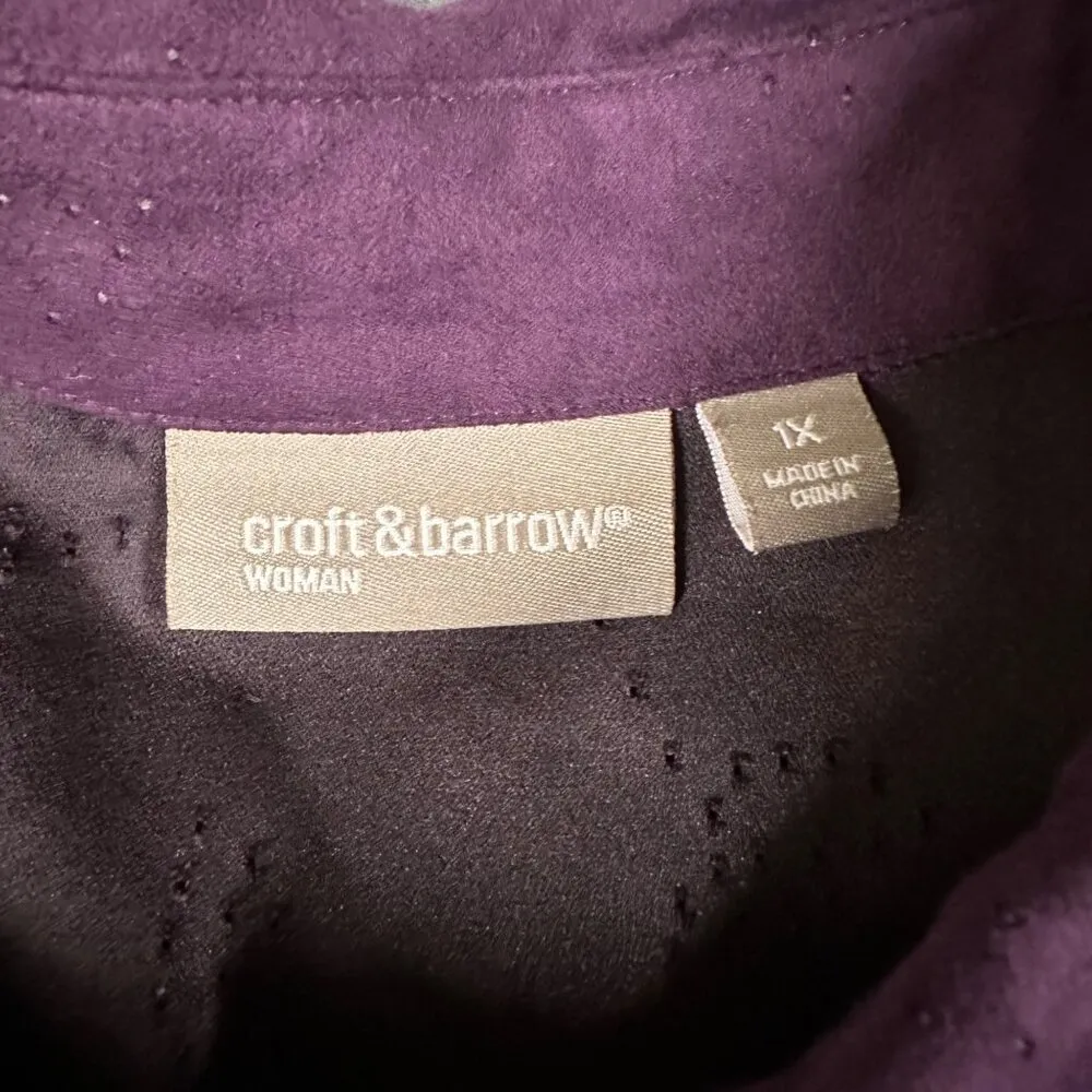 Croft  Barrow Woman 1X Purple Long Sleeve Button Up Suede-Like Blouse Shirt - Image 4