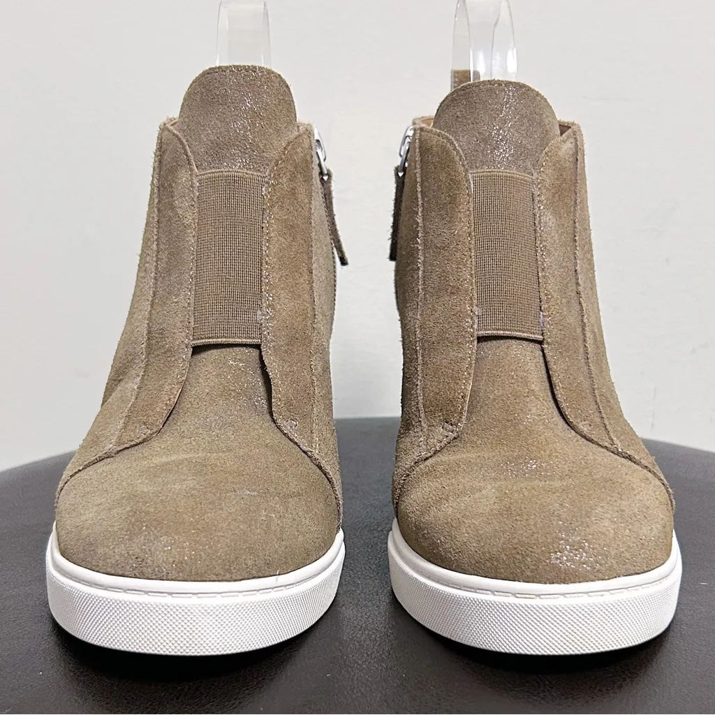 Linea Paolo Taupe Metallic Glitter Wedge Bootie Suede Leather Shoes 9M 9 M Brown - Image 6