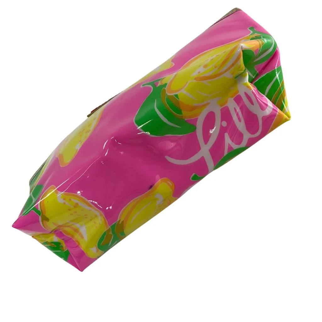 Lilly Pulitzer Estée Lauder Lemon Print Pink Cosmetic Bag Gold Trim & Zipper - Image 5