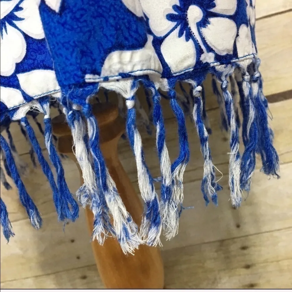 Tropical floral hibiscus print fringed rayon sleeveless dress size S Blue - Image 5