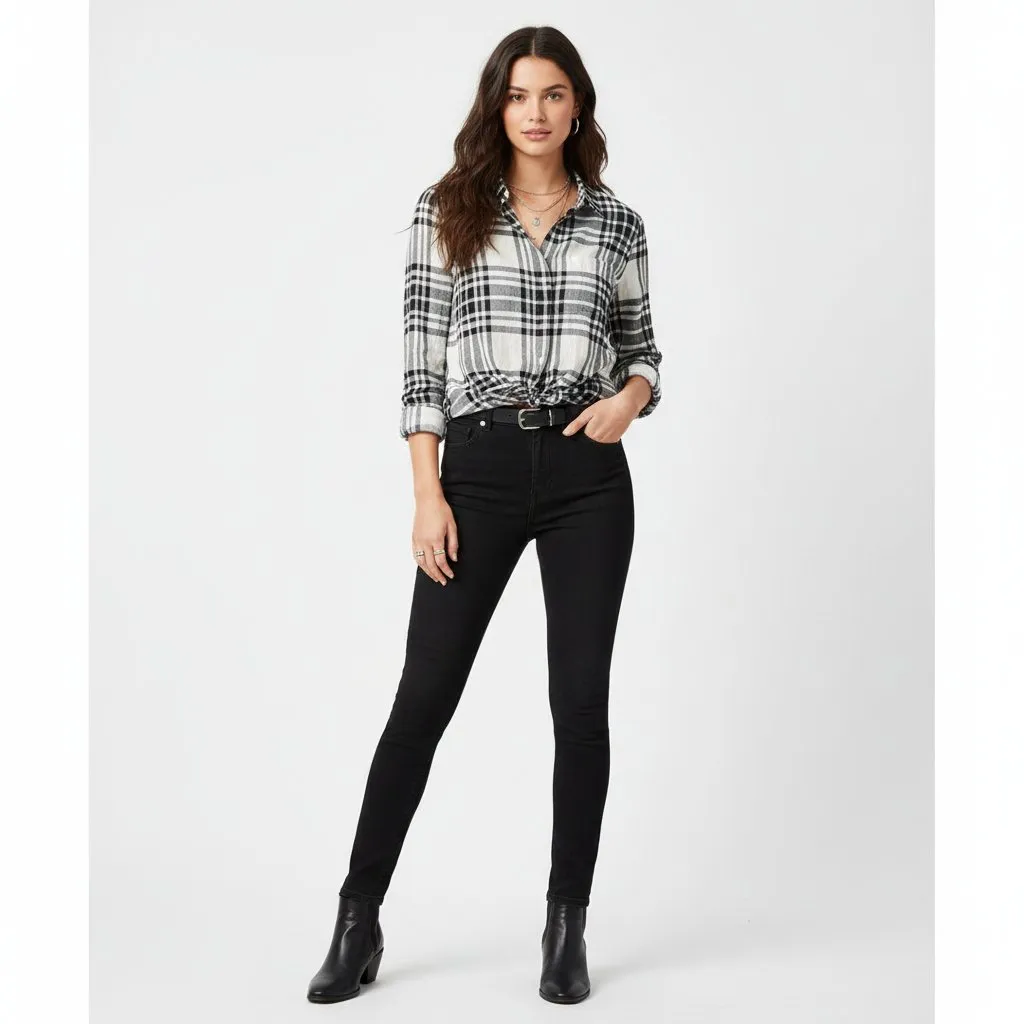 J Crew Black & White Plaid Checks Button Long Sleeve Tie Waist Blouse Top NEW XS - Image 5