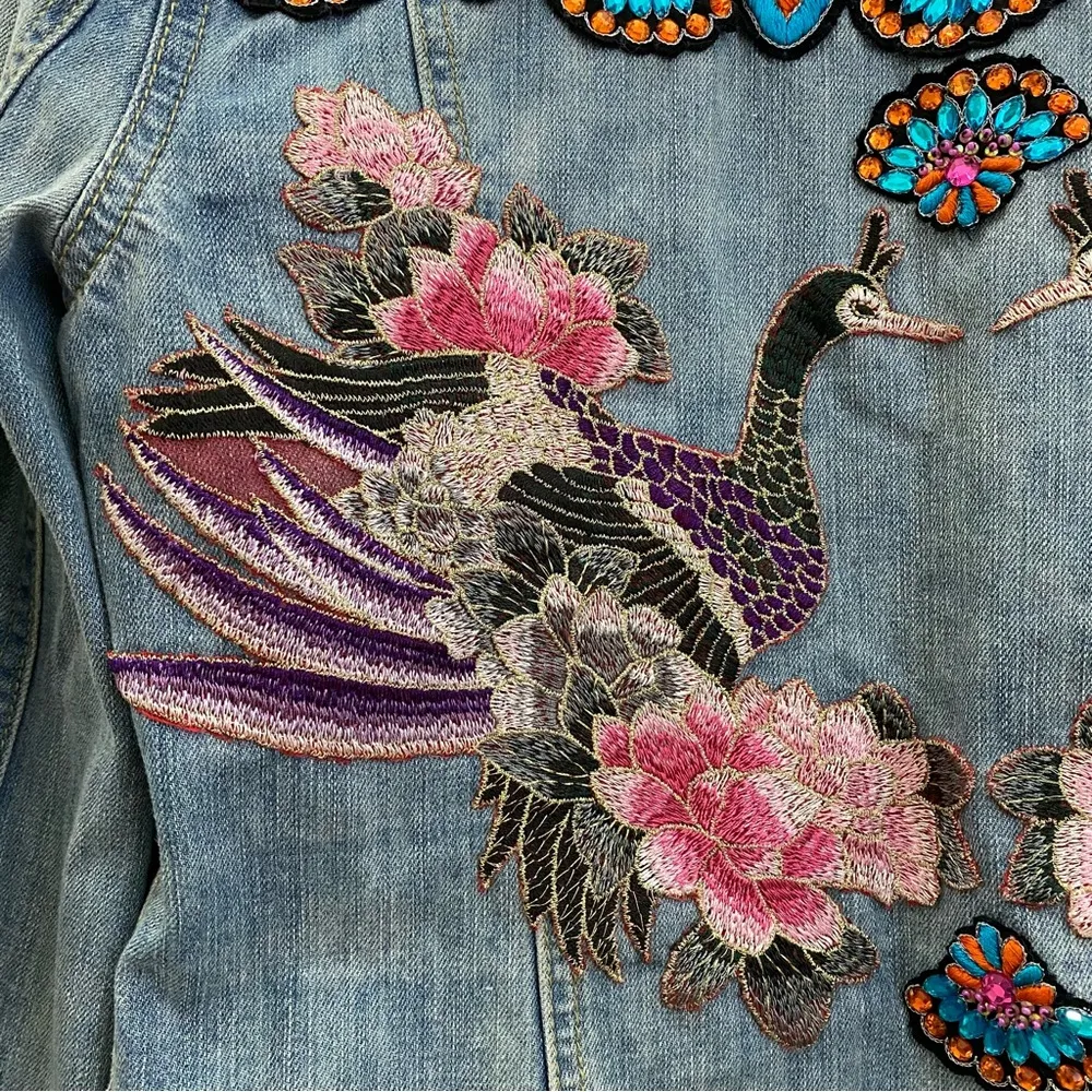Customized Embroidered Patch Peacock Denim Jean Jacket Size M - Image 15