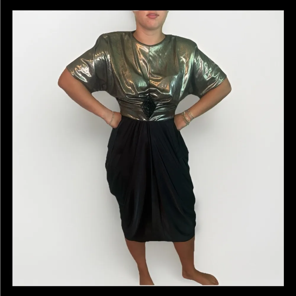 VTG 80s Indie Sleaze Art Deco Disco Silver & Over Drop Jersey Party Dress 12 Black Size 10 - Image 3