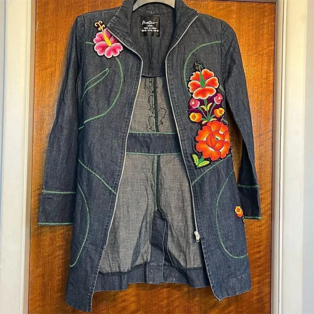 Martina Diseno Embroidered Denim Jacket Womens Blue Floral Mexican Style Size 8 - Image 8