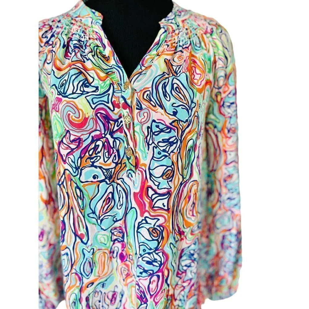 Lilly Pulitzer Women's XS Elsa Silk Smocked Top in What A Catfish Multi - Image 8