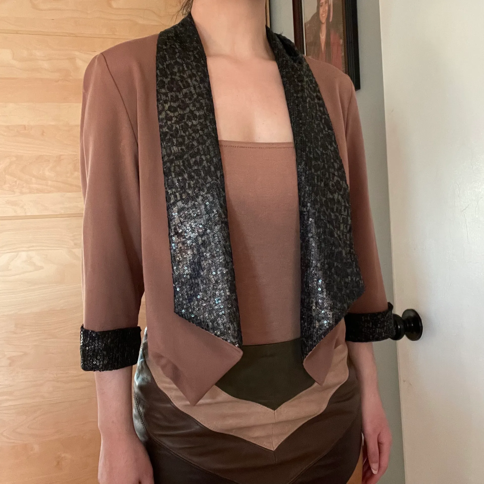 Leopard print sequin embellished open front light blazer jacket Brown Size L - Image 5