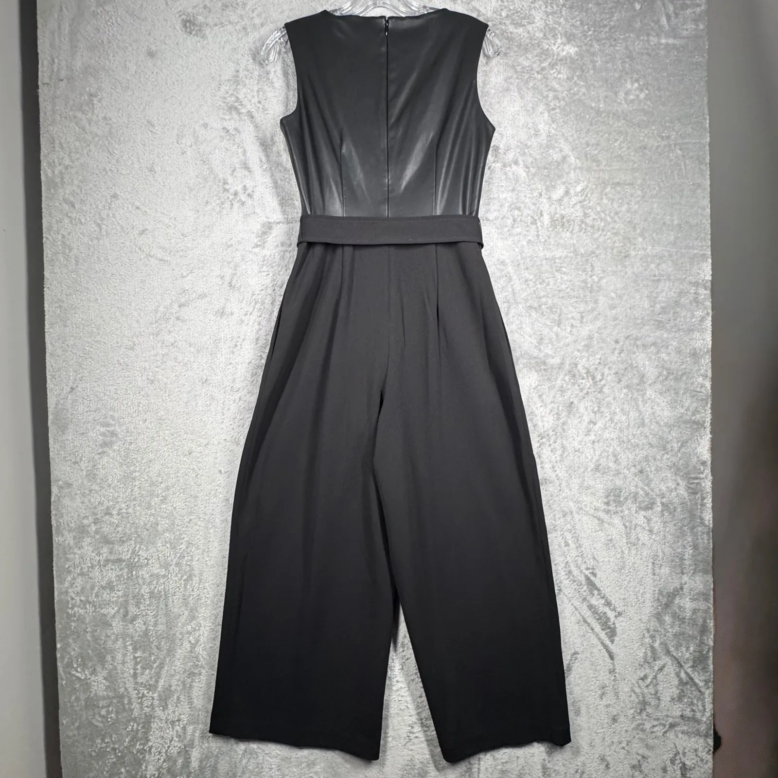 Calvin Klein Jumpsuit XS Black Faux Leather Wide Leg V-Neck Tie Waist Formal - Image 3