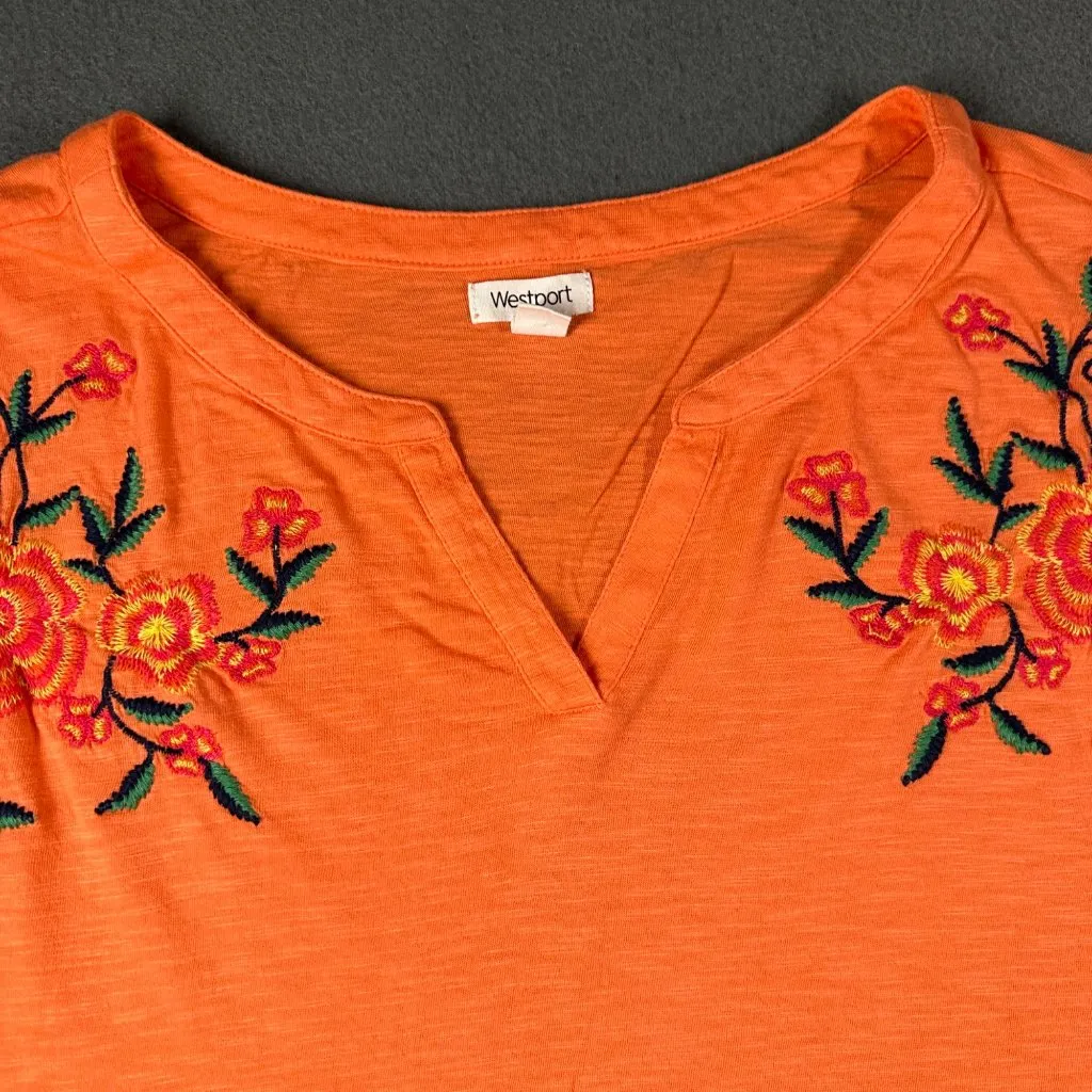Westport‎ Womens XL Orange Floral Embroidered Split V-Neck Short Sleeve T-Shirt - Image 2