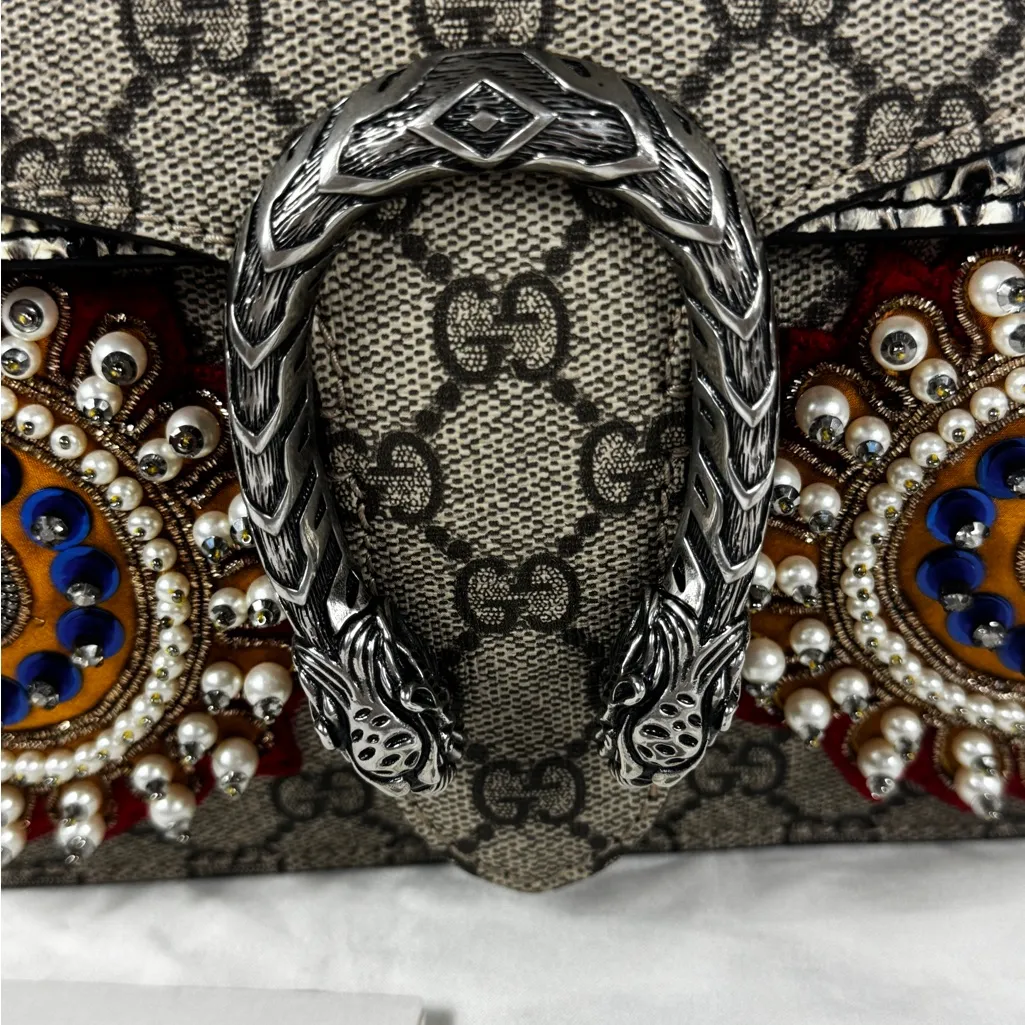Gucci GG Supreme Monogram Snakeskin Flower Embroidered Dionysus Shoulder Bag - Image 2