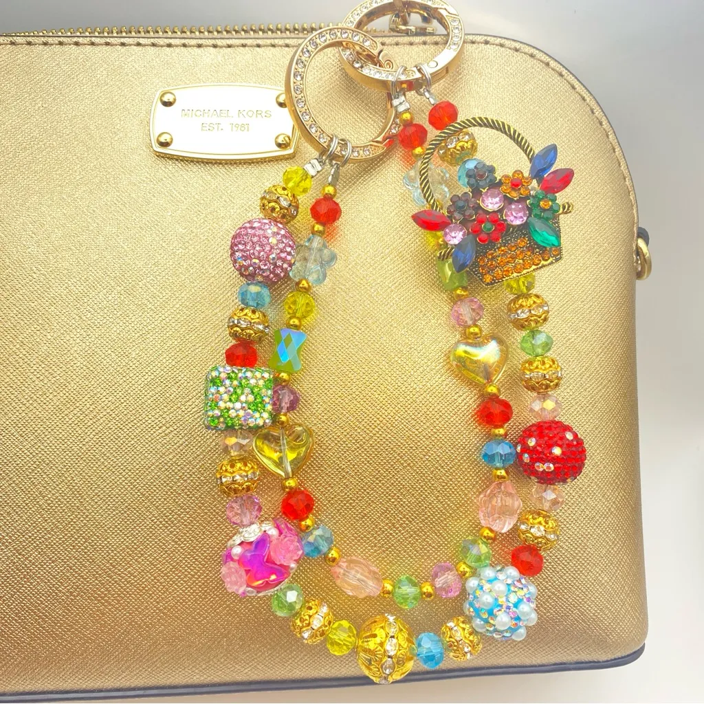 💐Luxury Bag/Phone Chain Charm/Keychain COLORFUL FLOWER BASKET Bling Crystal - Image 2