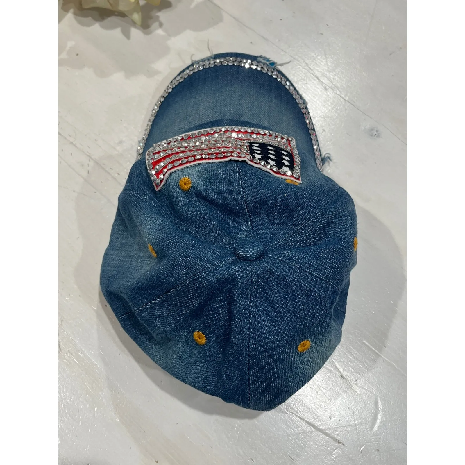 Denim Baseball‎ Cap American Flag Rhinestone Embellished Distressed Adjustable Blue - Image 5
