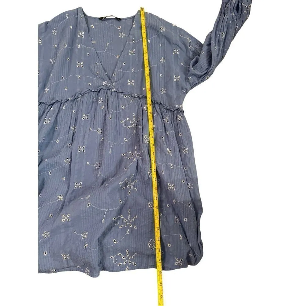 Zara Blue & White Short Embroidered Floral Tunic Flowy Dress Size S - Image 6