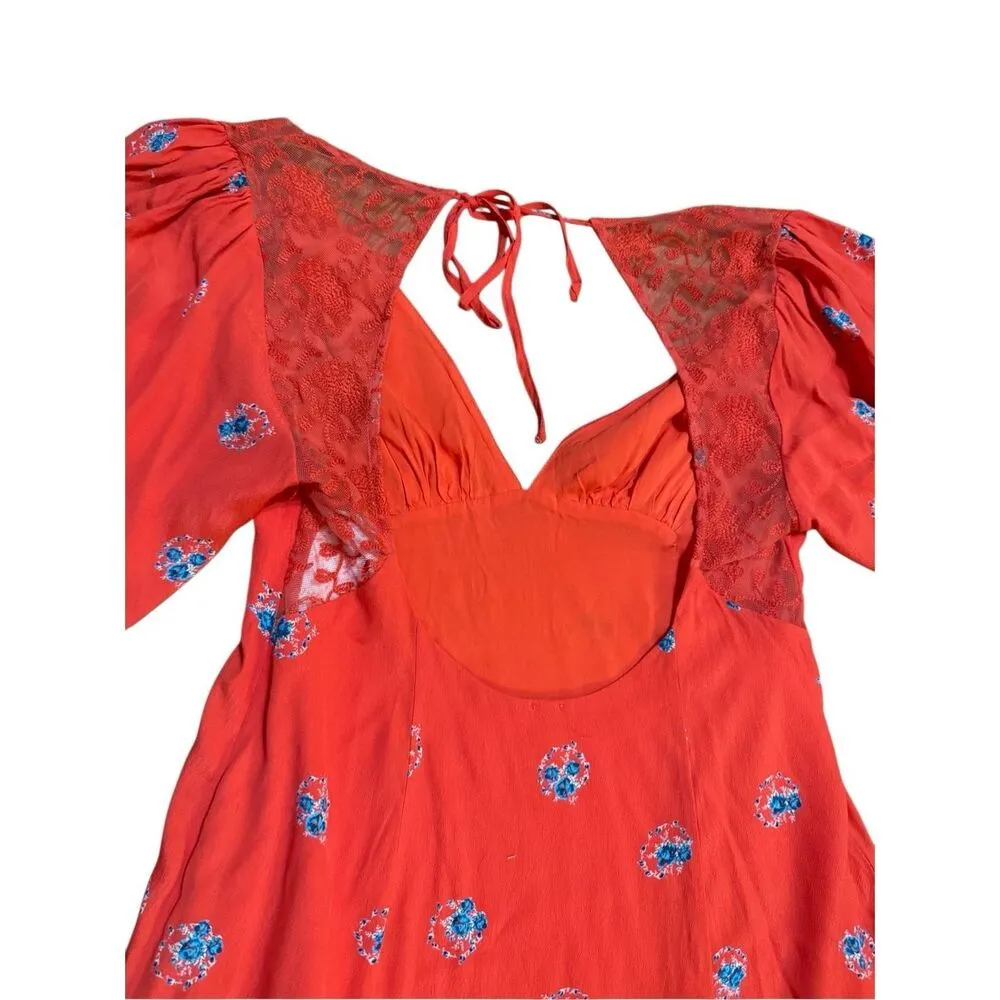 🌺NEW Free People Mockingbird Coral Red Floral Print Backless Mini Dress Sz 6 - Image 12