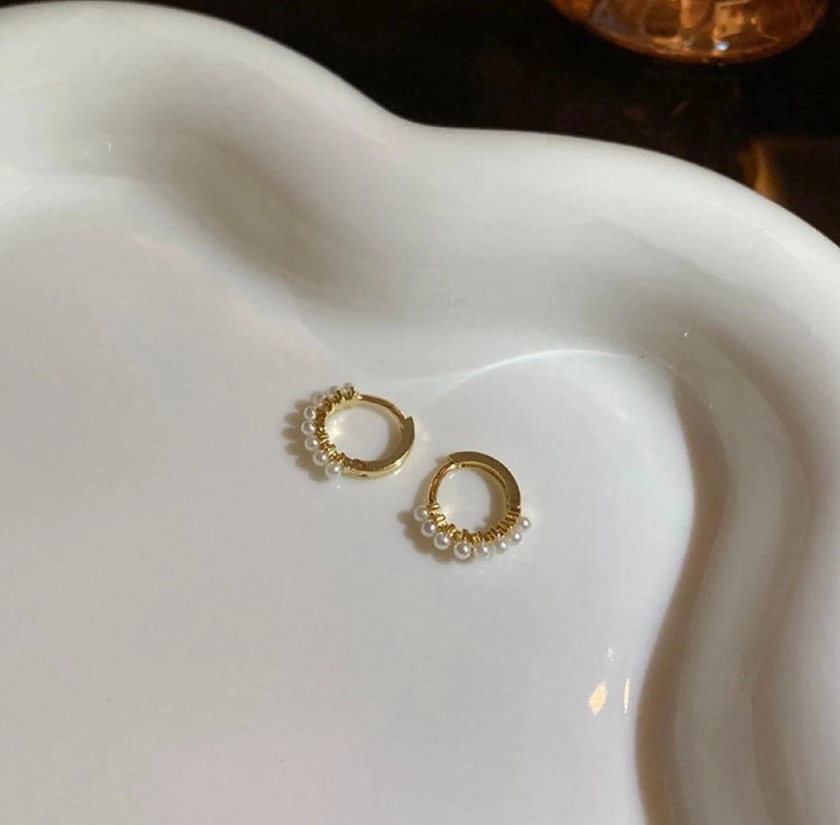 White Pearl Small Gold Hoop Earrings for Women - Image 2