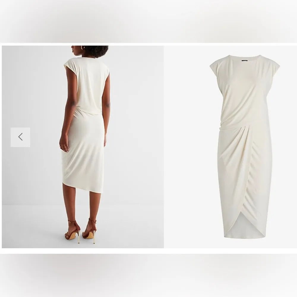 NWT Express Crew Neck Cap Sleeve Ruched Draped Midi Sheath Dress black XS - Image 11