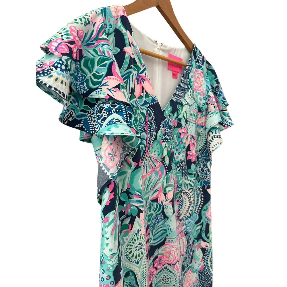 Lilly Pulitzer Kathie Shift Dress Lookin Sharp Satin Crepe Flounce Sleeve Size 8 - Image 8