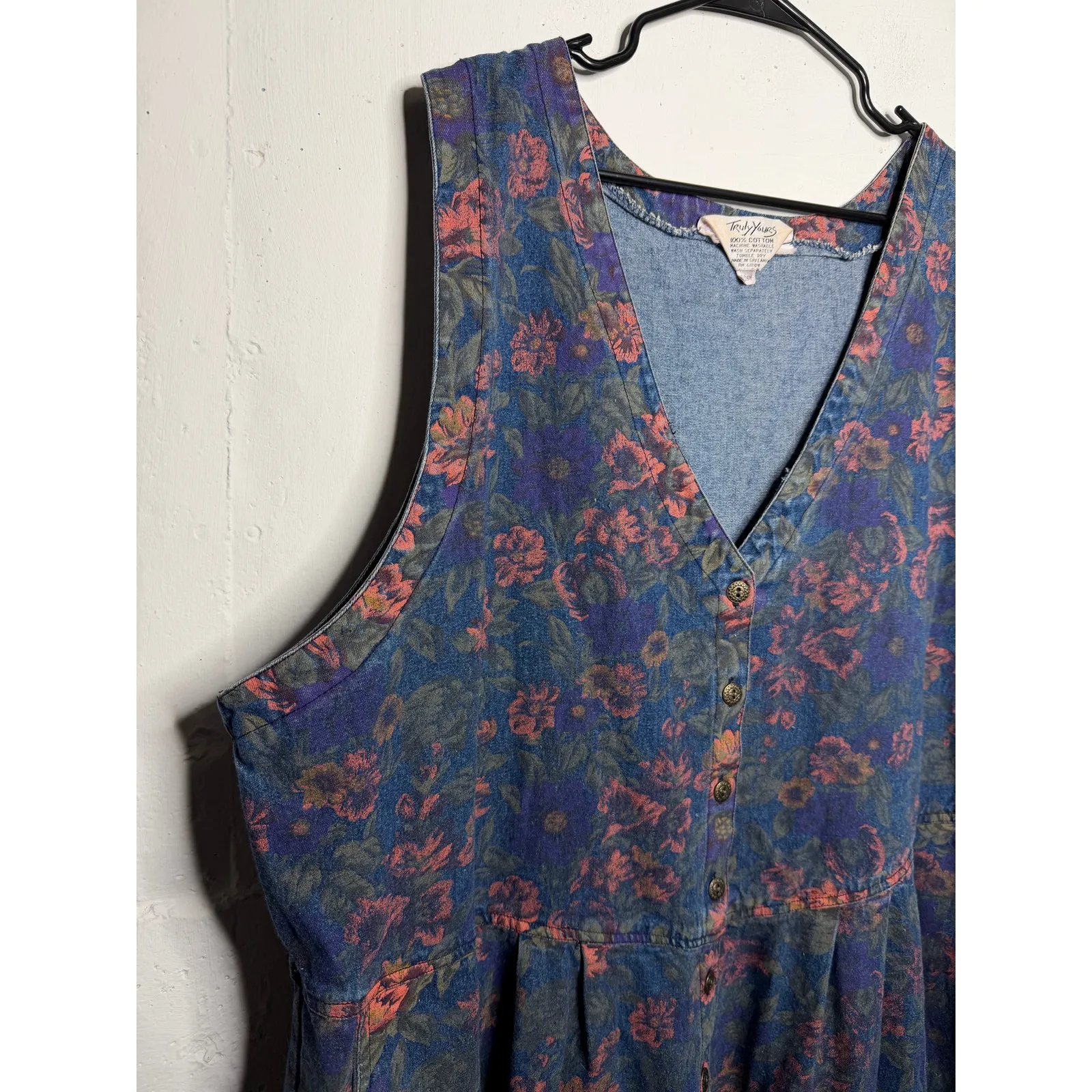 Truly Yours Vintage 90s 3X Denim Button Down Dress Sleeveless Floral Flowers Blue - Image 4