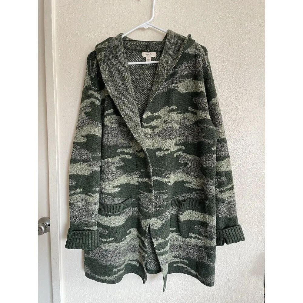 Style & Co Camo print Gradient hoddie Cardigan Sweater Green thick & Soft size L - Image 9