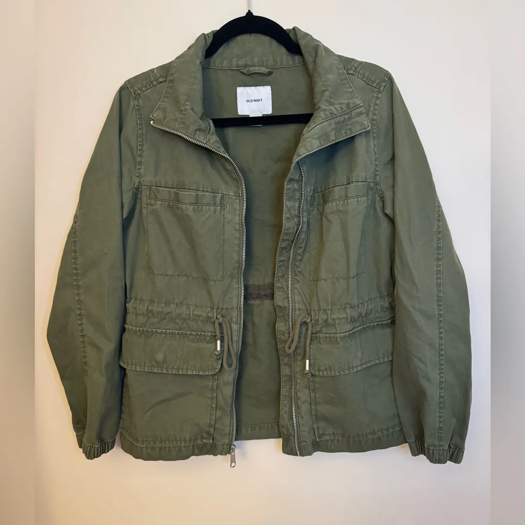 Old Navy Utility Jacket Women’s Small Olive Green Zip Front Drawstring Waist - Image 3
