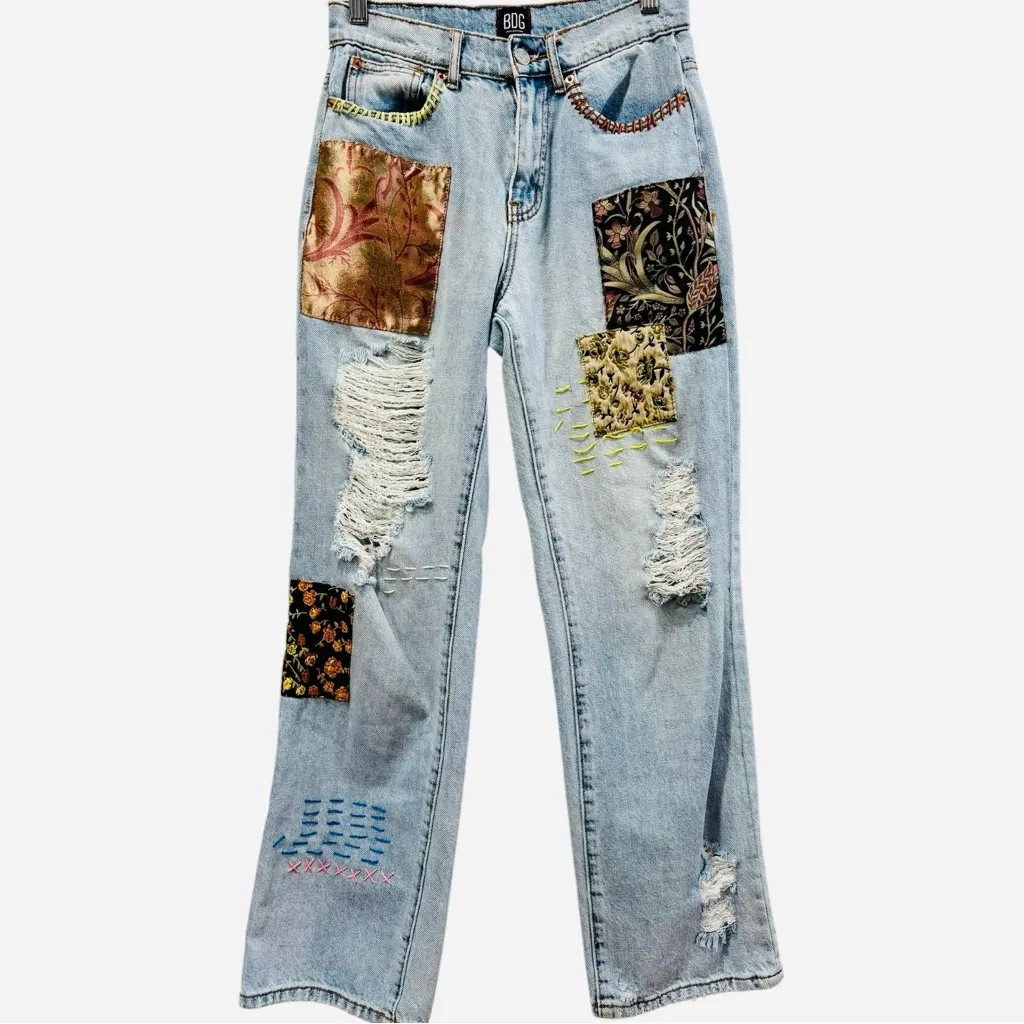 BDG High Waisted Cowboy Jeans Printed Patchwork Distressed Boho  Straight Leg 26 - Image 5