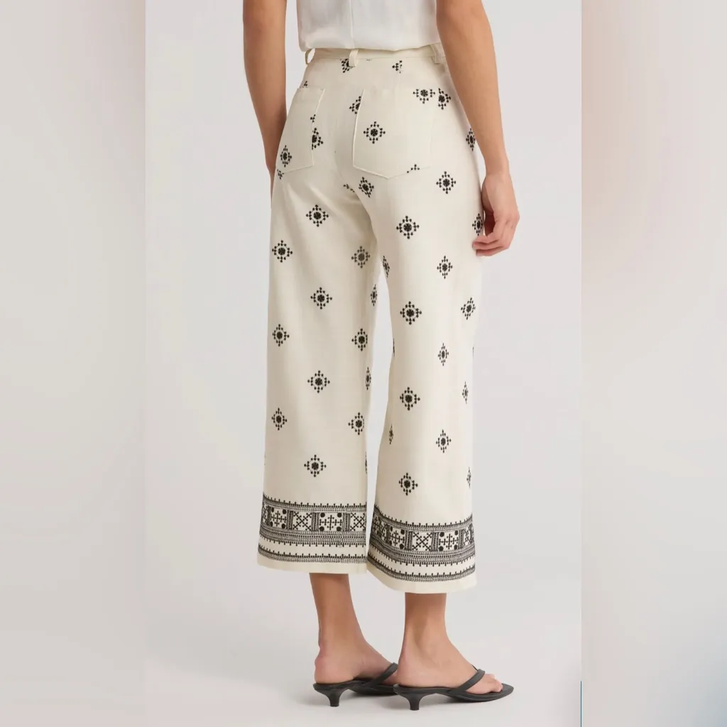 Elie. By Elie Tahari Size 6 Linen Blend Ivory & Black Embroidered Wide Leg Pants - Image 2