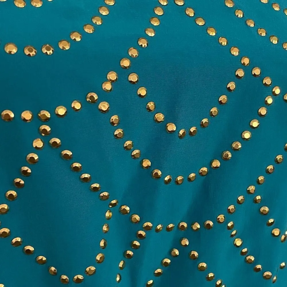 Trina Turk Silk Turquoise Gold Studded Halter Dress Size 6 - Image 4