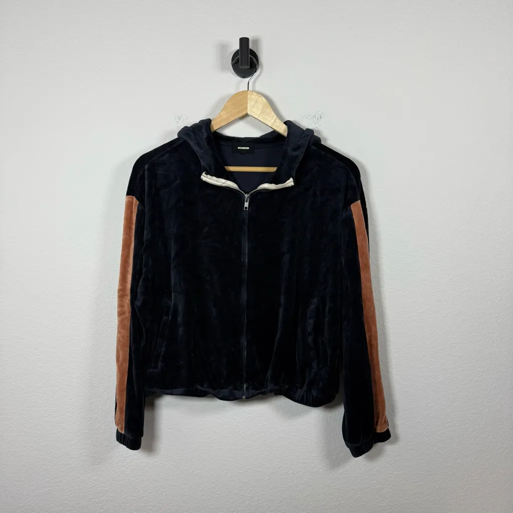 Monrow Women’s Velour Sporty Stripe Full Zip Hoodie in Neptune/Rose Size S/M Blue - Image 4