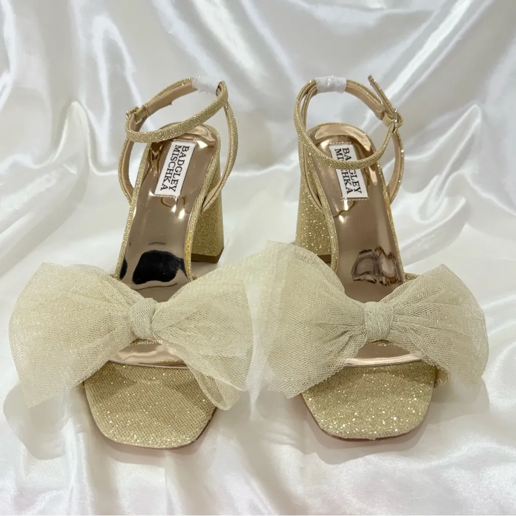 Badgley Mischka Tess Tulle Bow Sandals Heels 6.5 Gold Glitter Party Coquette New - Image 10